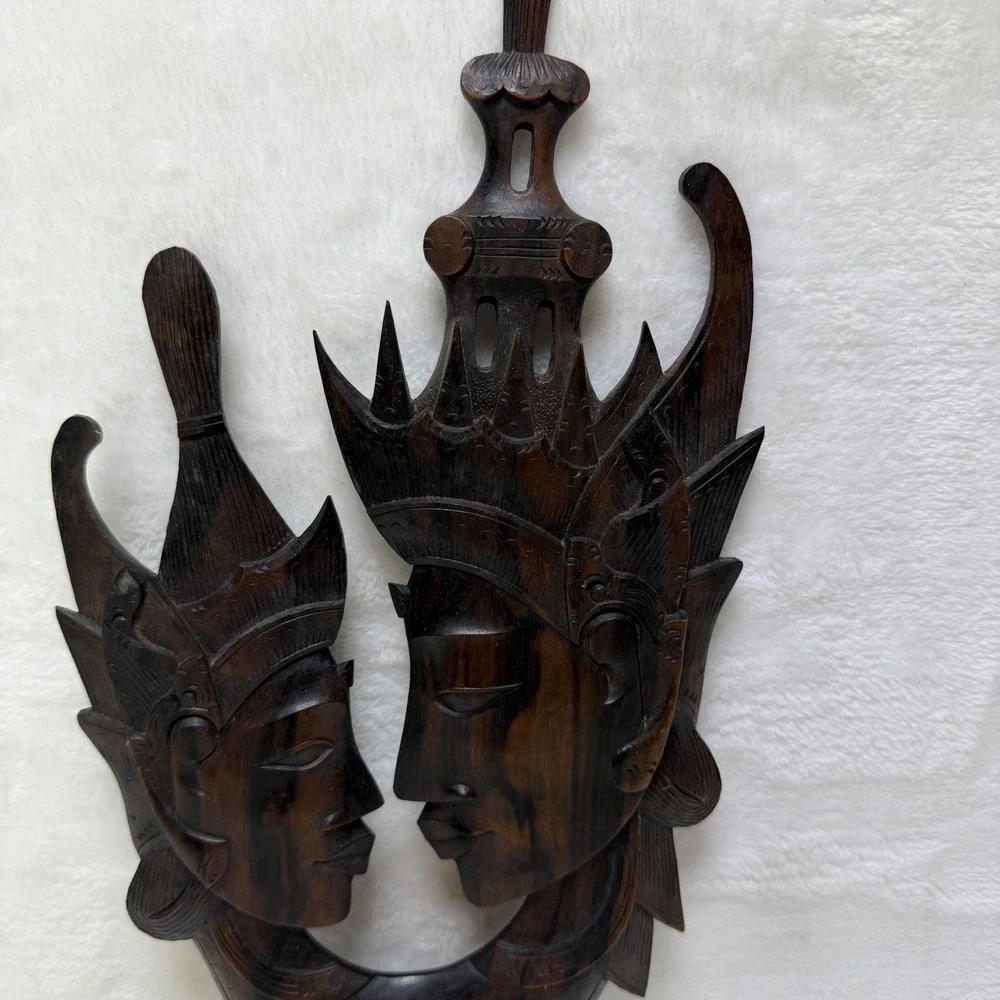 Vintage Hand Carved Wood Balinese Romantic Couple Wall Art Plaque‎ Sculpture 12